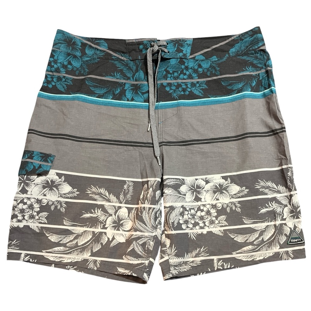 Trinity Gray and Blue Board Shorts with Tropical Floral Design